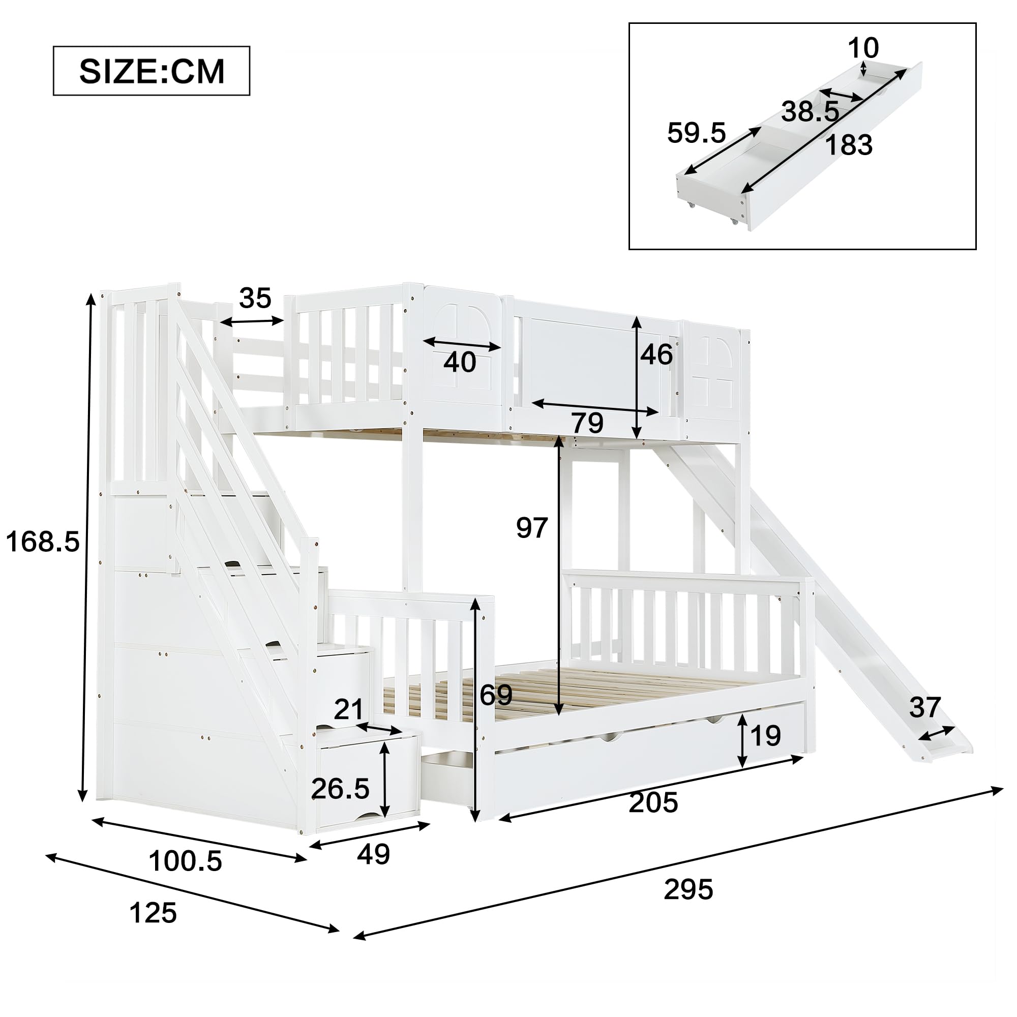 Etagenbett, Kinderbett Mit Fenster, Schubladen mit Rollen, Treppen mit Handlauf