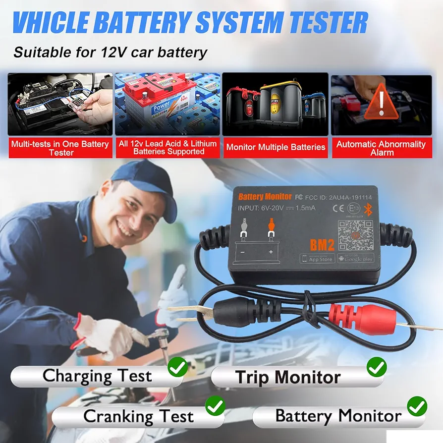 ANCEL BM300 12V Battery Monitor - Bluetooth 4.0 Automotive Voltmeter With Charging, Cranking