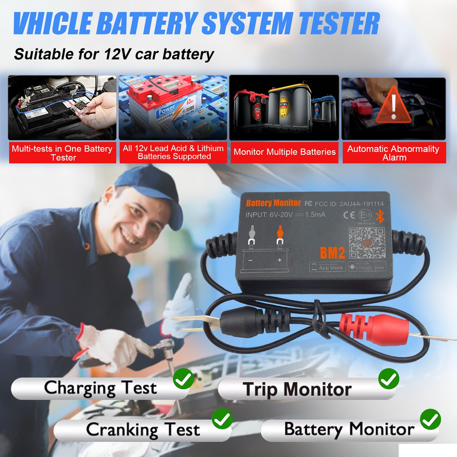 Monitor Batteria Bluetooth 4.0 Wireless Battery Tester, Car Charging Start e Alarm System Monitor Analizzatore Batteria Digitale Adatto a 12V Sistemi Solari Moto Barche Auto Compatibili Android iOS