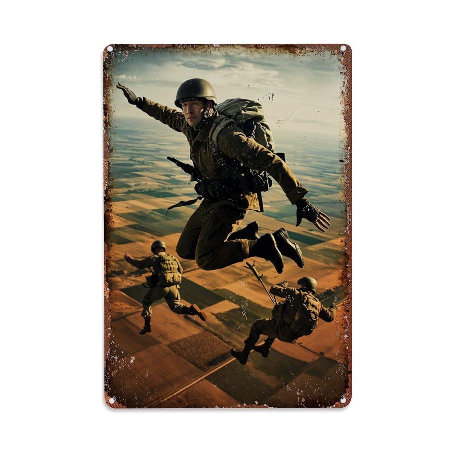 Jdfenggu Vintage Soldier Skydiving Action Adventure War Retro Metal Tin Sign, Decor Art Poster For Bar, Home, Man Cave, Kitchen, Laundry Room Gift 8X12inch