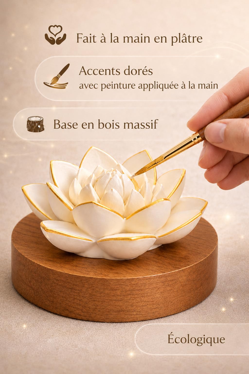 Lotus Diffuseur d'arômes – Pierre parfumée faite à la main en plâtre avec base en bois | Aromathérapie naturelle sans électricité | Comprend une huile parfumée Amber Serenity de 10 ml