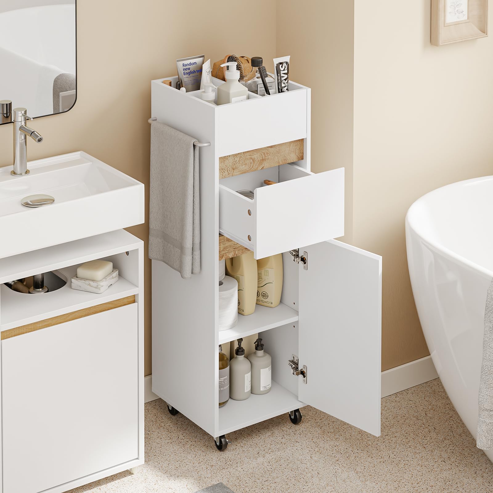 SoBuy Mobile Bagno Salvaspazio con Ruote 33x30x91,5 cm Stretto per Bagno | Mobiletto Bagno Stretto con Cassetto Ansa & Portasciugamani, Armadio Salvaspazio Bianco BZR225-WN