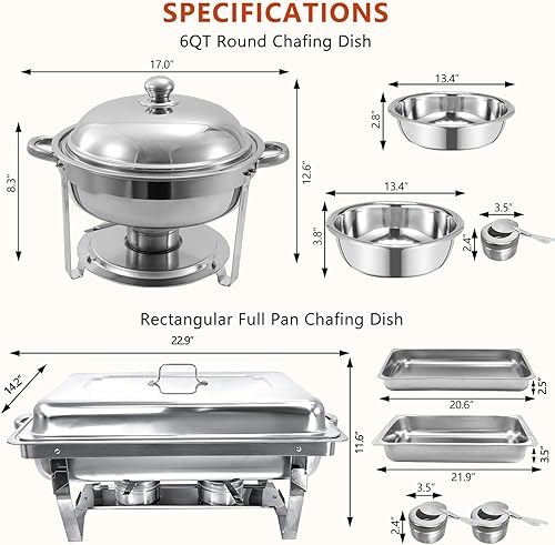 Miniatura 17 de Juego de 4 calentadores y calentadores de bufé de 8 cuartos de galón, juego completo de calentador de alimentos de acero inoxidable con bandeja