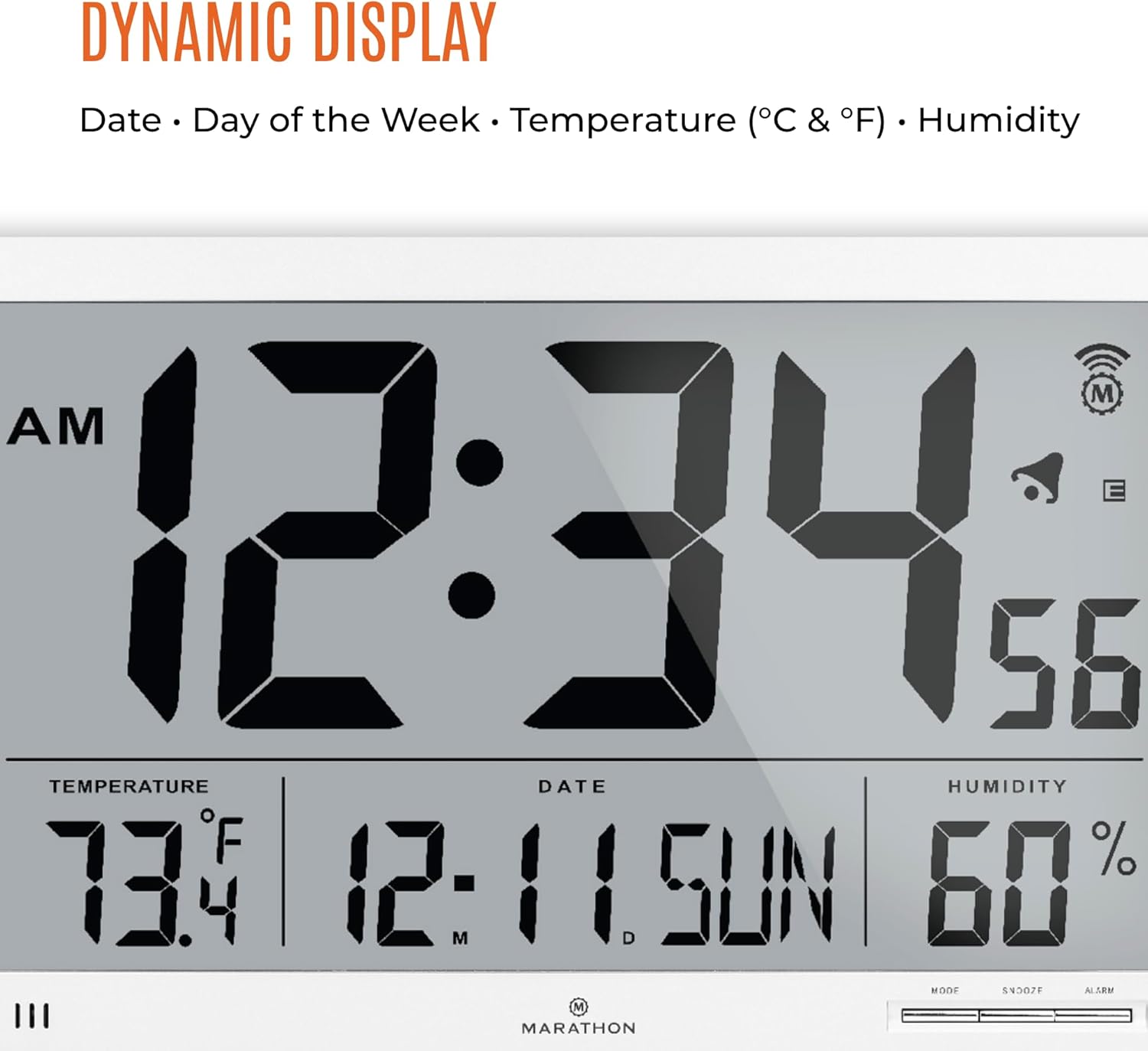 Close-up of the MARATHON Slim Jumbo Atomic Wall Clock display, highlighting time, temperature, date, and humidity sections.