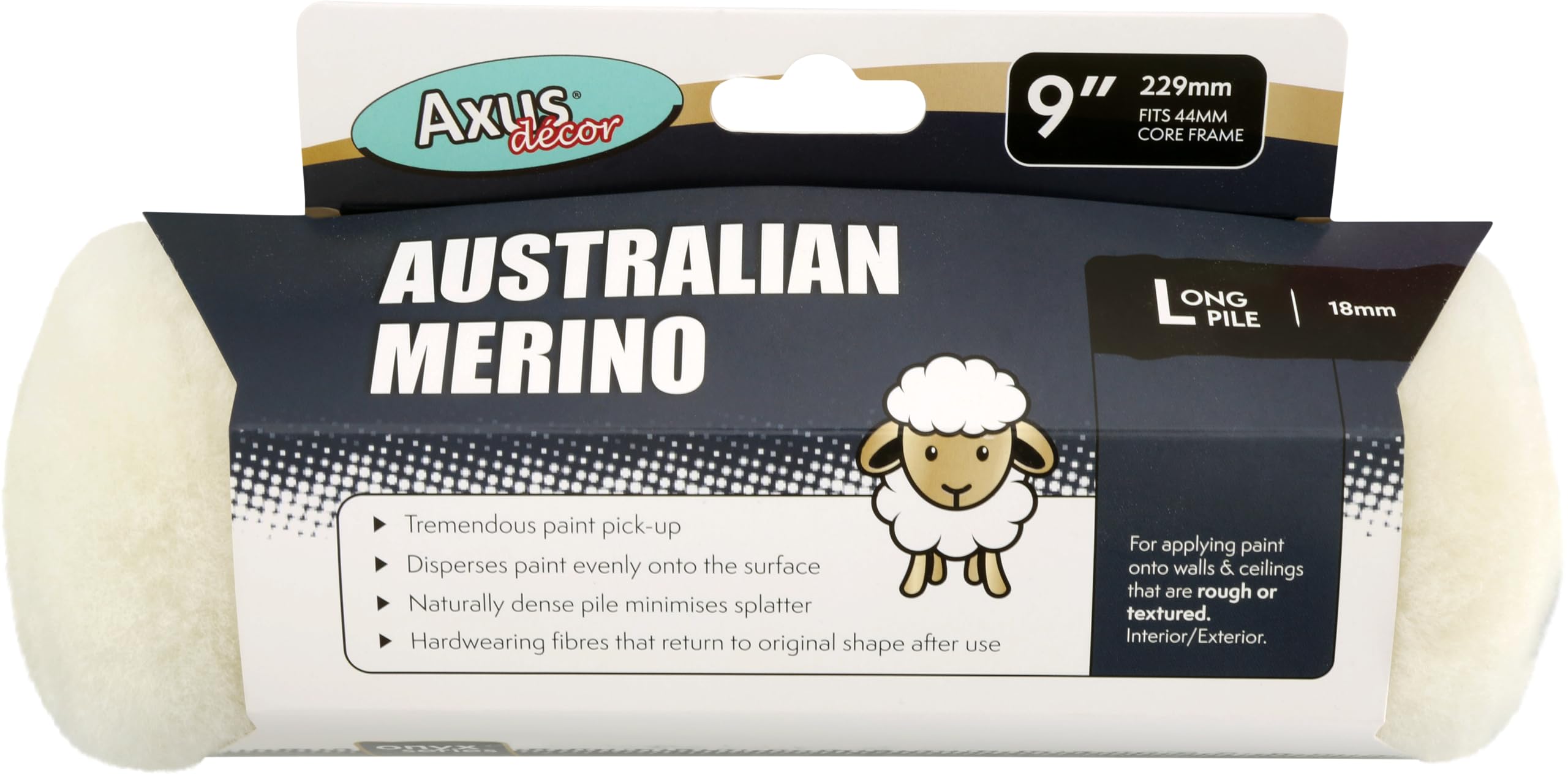 Axus Decor Paint Roller Sleeve, 9 Inch - Merino Roller Sleeve, Long Pile, For Professional & DIY Projects, Suitable for Uneven or Rough Surfaces, Highly Absorbent, Sleeve Core Diameter 1.75"/44mm Onyx