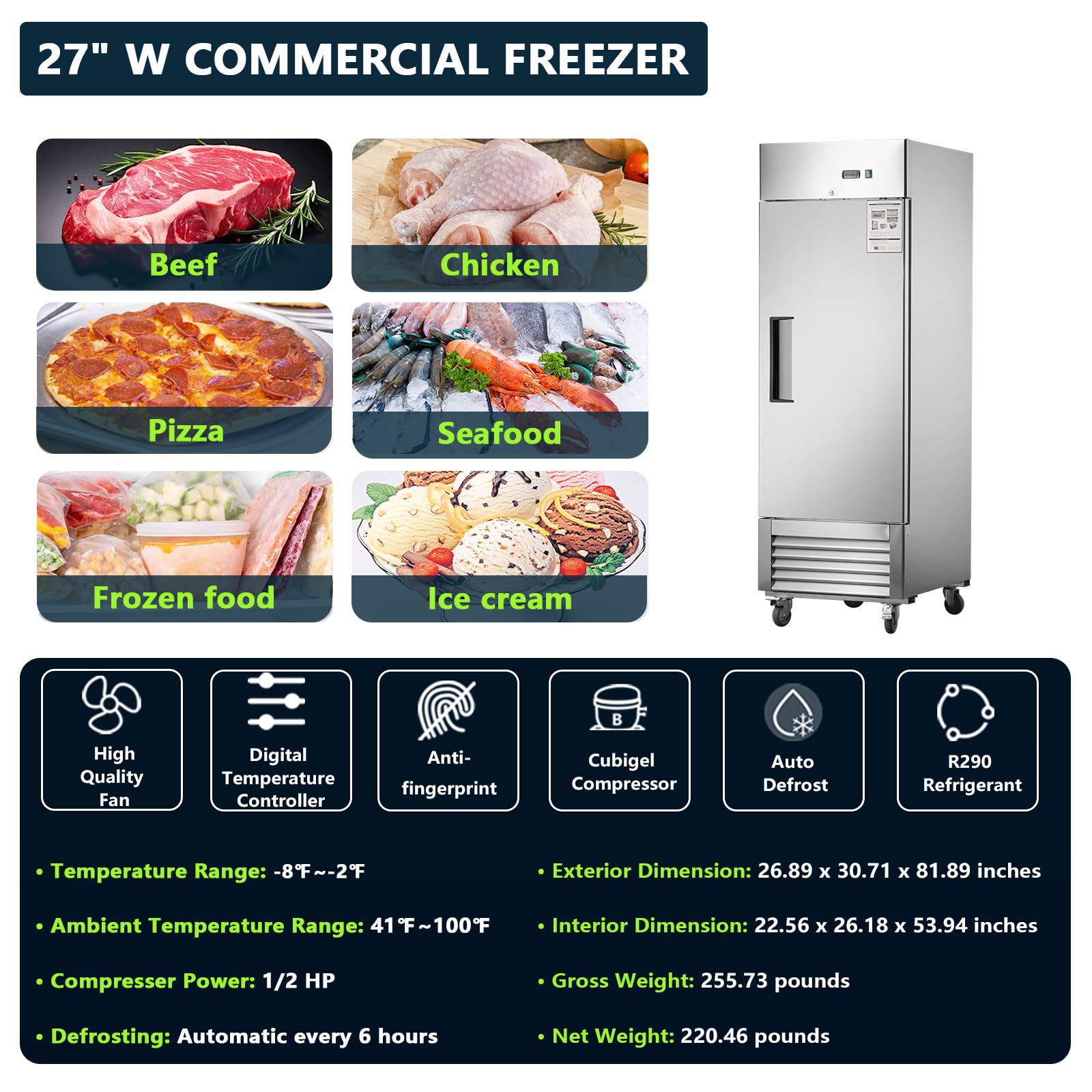 27"W Commercial Reach-In Freezer, 1 Solid Door Stainless Steel Upright Freezer, 18.68 Cu.Ft Fan Cooling Freezer For Restaurants on Fridge.com - View 5