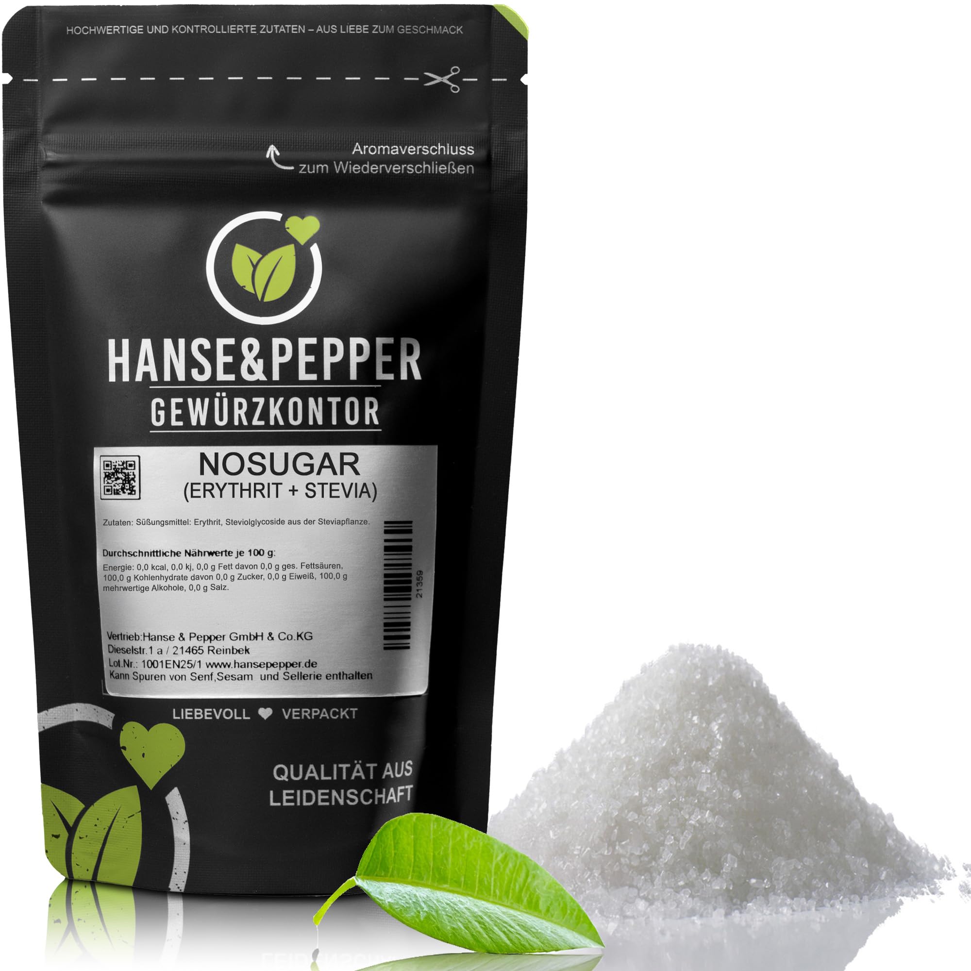 Hanse&Pepper NoSugar 1kg - Erythrit + Stevia ohne Zucker Vegan Natürlicher Zuckerersatz