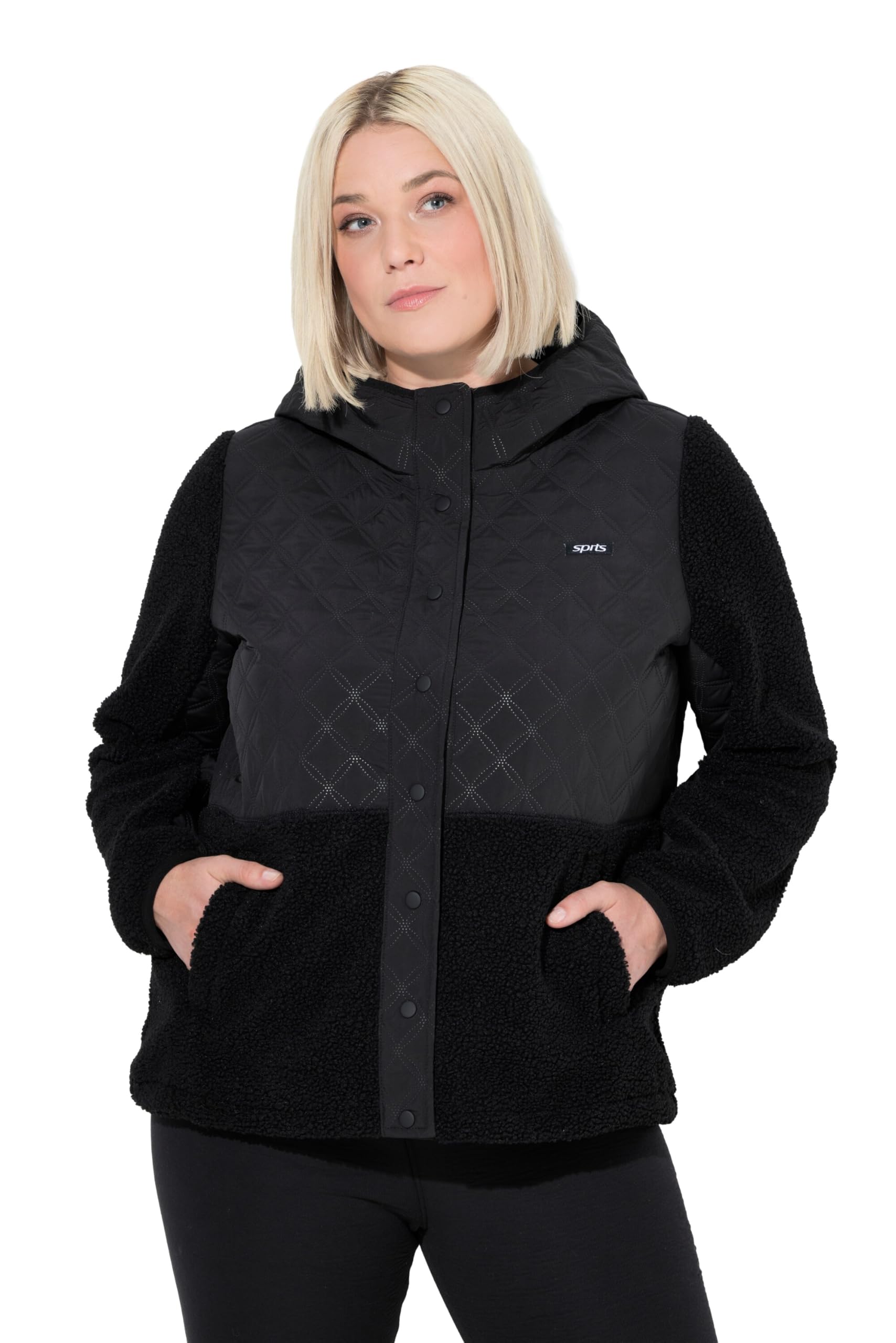 Ulla Popken Damen große Größen Übergrößen Plus Size Fleecejacke, Stepp, Kapuze, Druckknöpfe 845104