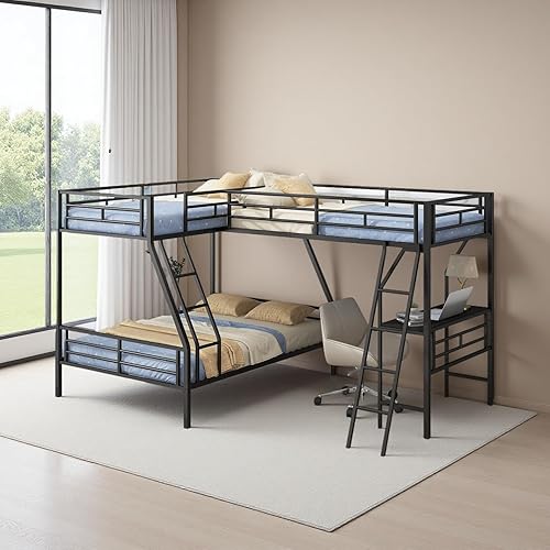 SOFTSEA Metal Triple Bunk Beds for Teens, Twin Over Twin L-Shaped Bunk Bed for 3 Kids, Twin Over Twin Over Twin