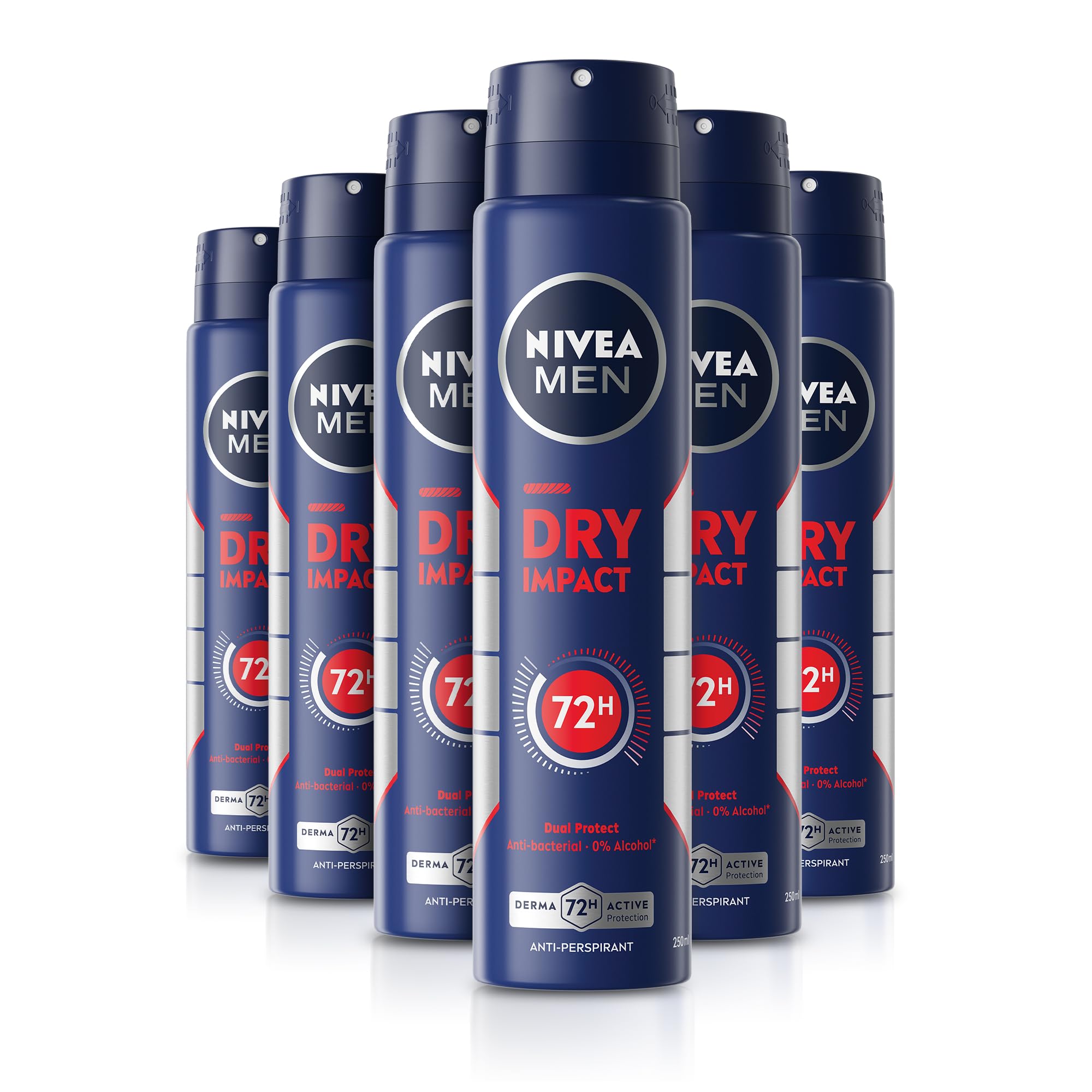 NIVEA MEN Dry Impact 72H Anti-Perspirant Deodorant Spray (250ml, Pack of 6), Men's Sweat Block with 72H Odour Protection, Daily Use Anti-Perspirant