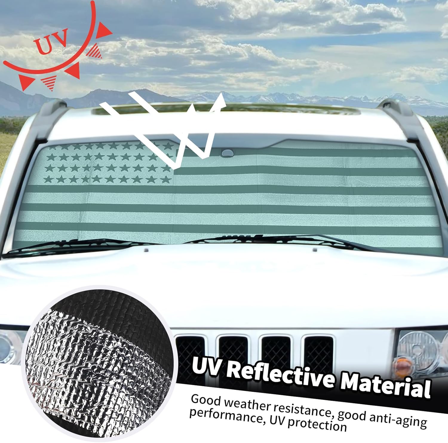 Jimen Fit for Jeep Compass 2007-2016, American Flag Auto Window Shade Windshield Sunscreen Heatshield Sunshade Visor