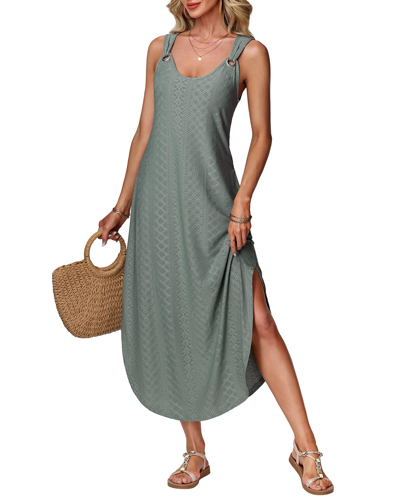 RIROW Womens Summer Maxi Dresses Sleeveless Wide Strap Boho Sundresses Beach Cover Ups Long Tank Dress with Pocket