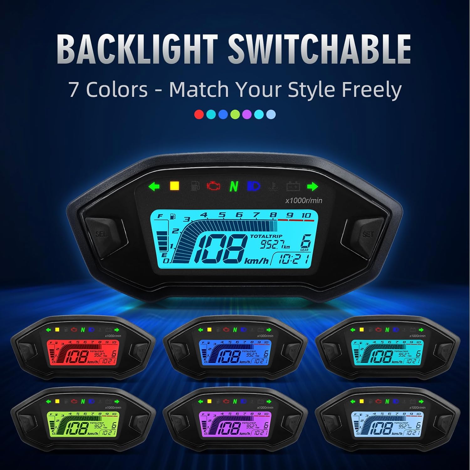 Motorcycle Speedometer Gauge Digital Speedometer Cluster for 1/2/4 Cylinder Moto with LCD Screen Speedo Meter Dashboard with MPH Tach, Odo, Oil Level, 6 Gear, Indicator Light, Time