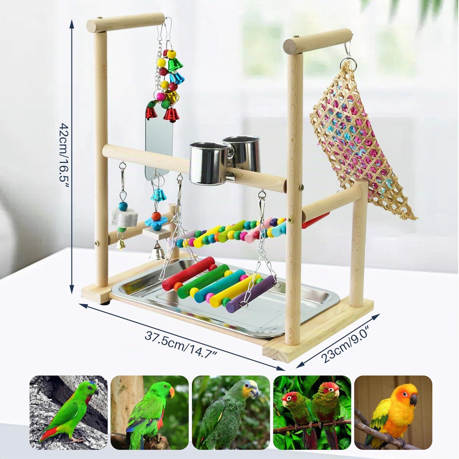 Parque de Juegos para Pájaros con Espejo Soporte de Madera para Pájaros Mesa de Juegos de Loros con Comedero Copa Swing Escalera de Ascenso y la Bandeja Portátil Aves Juego Stand