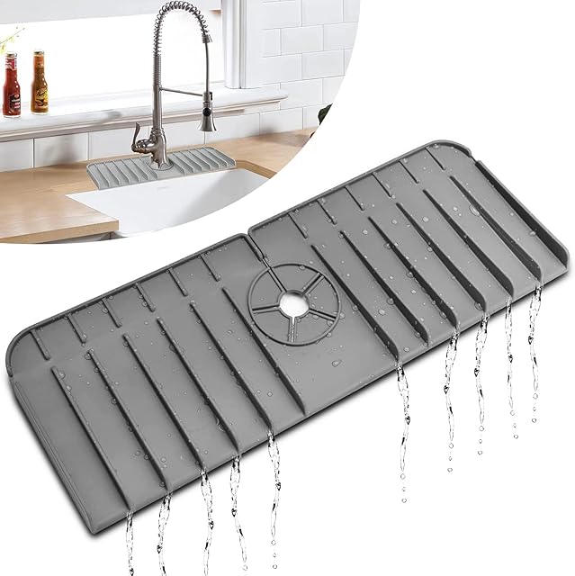 Silicone Faucet Mat,Silicone Faucet Handle Drip Catcher Tray,Drip Protector Splash for Kitchen, Bathroom,Sink Mat, Dish Drying Mat, Sponge Holder(Grey)