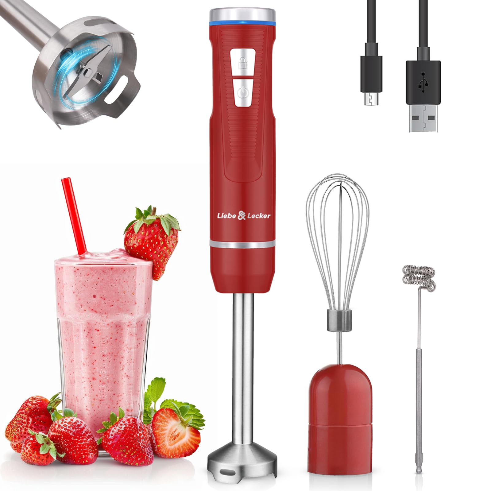 Liebe&Lecker Immersion Blender Handheld Cordless, 3 in 1 Cordless Hand Blender, 8 Speed Emulsion Blender Handheld with Whisk Milk Frother for Soup Smoothie-image-9