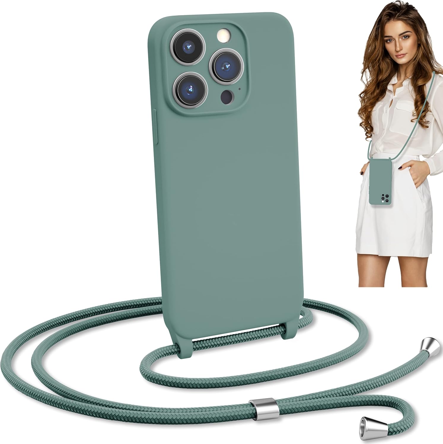 Blaspins Crossbody Lanyard Strap Case for iPhone 15 Pro, Hands-Free Neck Cross Body Wrist Adjustable Rope Removable Drop Protection Shockproof Silicone Case 6.1 inch 150 cm Strap iP15Pro - Pine Green