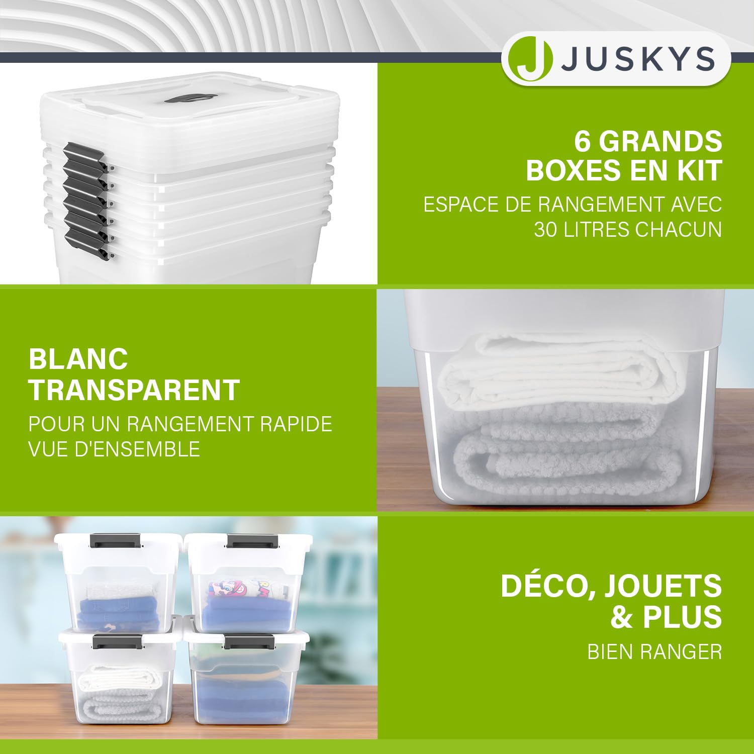 Juskys Boîte de rangement avec couvercle - ensemble de 6 boîtes en plastique de 30 l - grande boîte, empilable, transparente - rangement système de rangement boîtes de rangement
