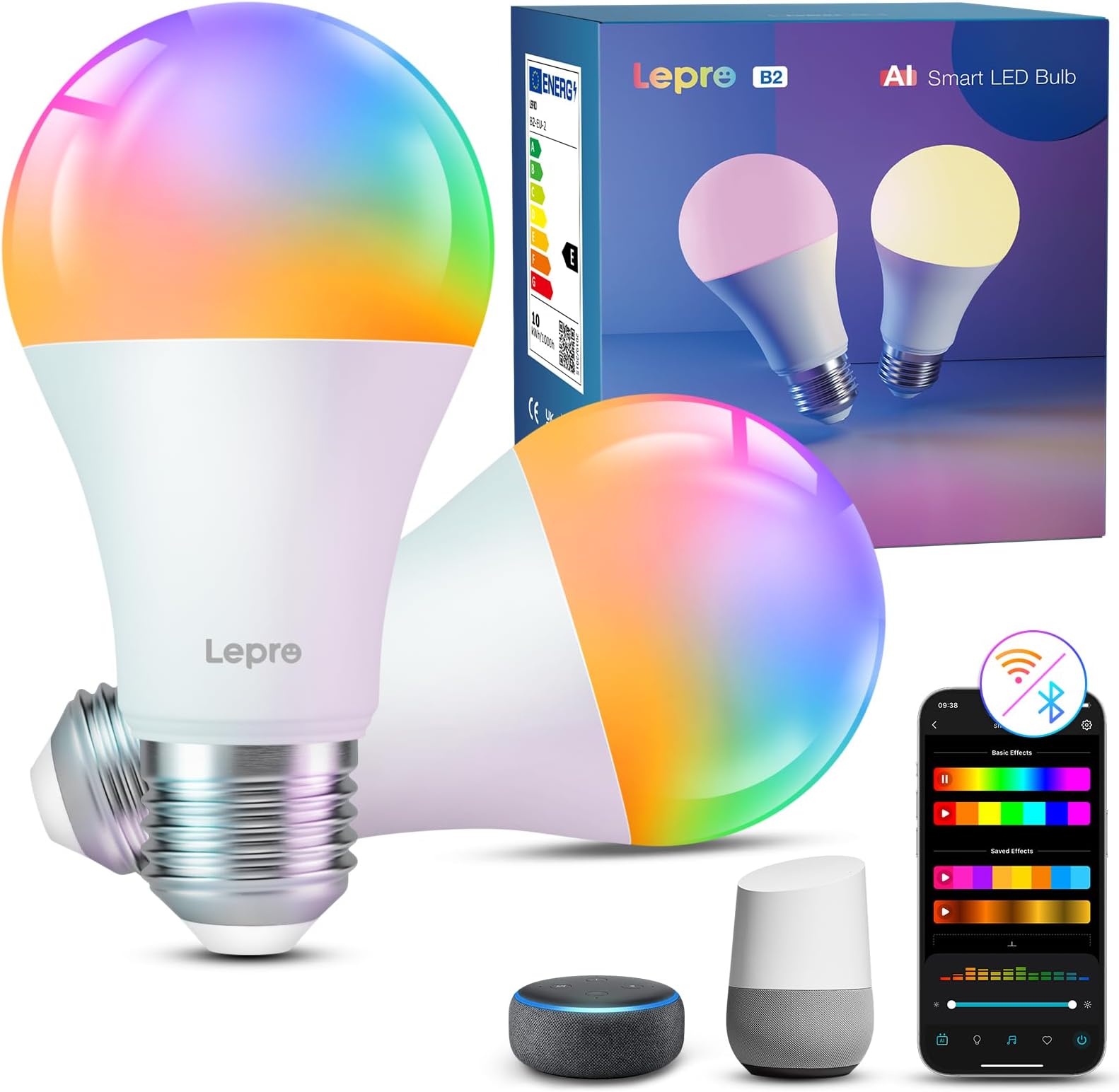 AI Smart Bulb E27, 1100LM Music Sync WiFi Bulb, Voice Control Screw Light Bulbs, Personalized AI Lighting Designer, Colour Changing Bulb, Work with Alexa & Google Assistant, 2 Packs
