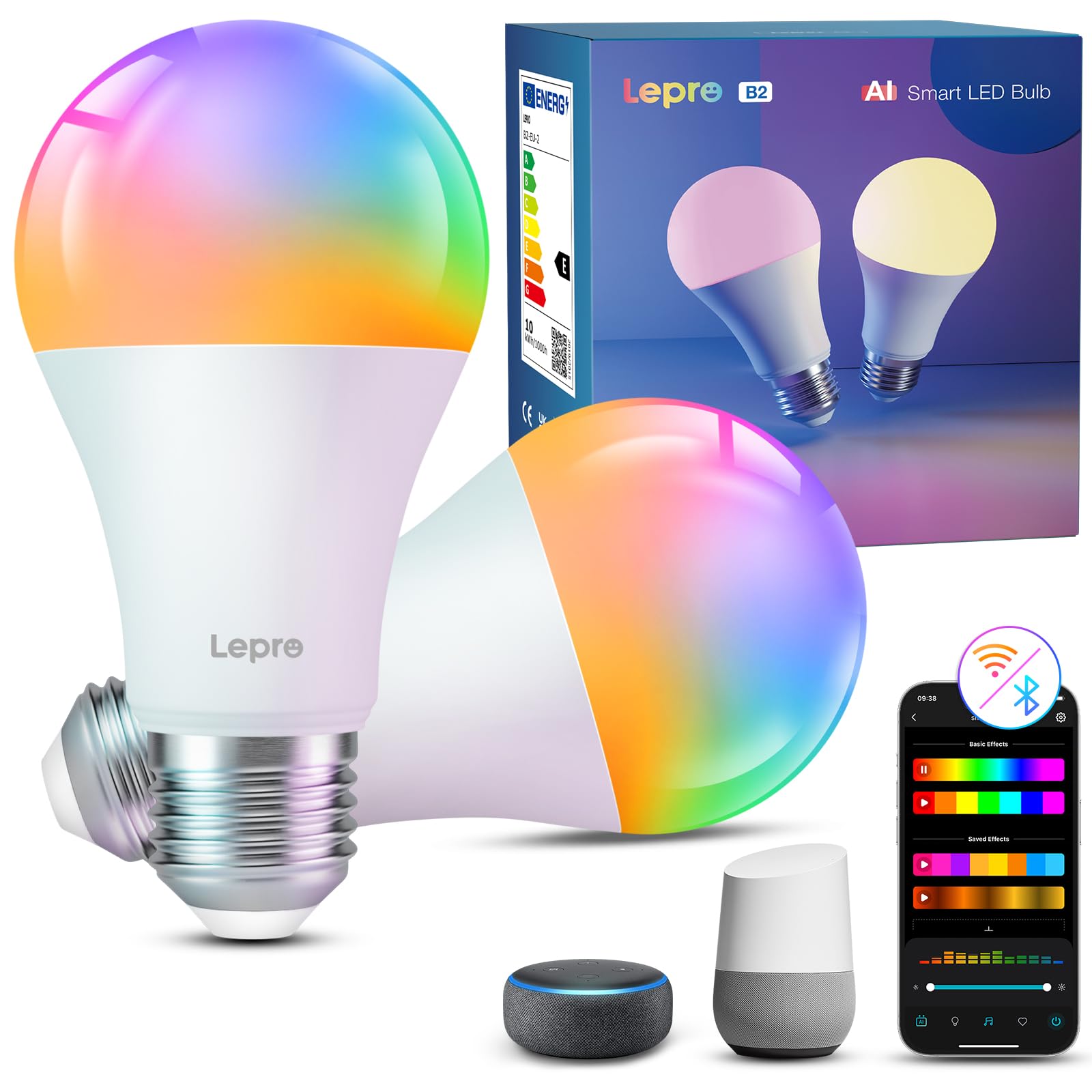 Lepro AI Smart Bulb E27, 1100LM Music Sync WiFi Bulb, Voice Control Screw Light Bulbs, Personalized AI Lighting Designer, Colour Changing Bulb, Work with Alexa & Google Assistant, 2 Packs