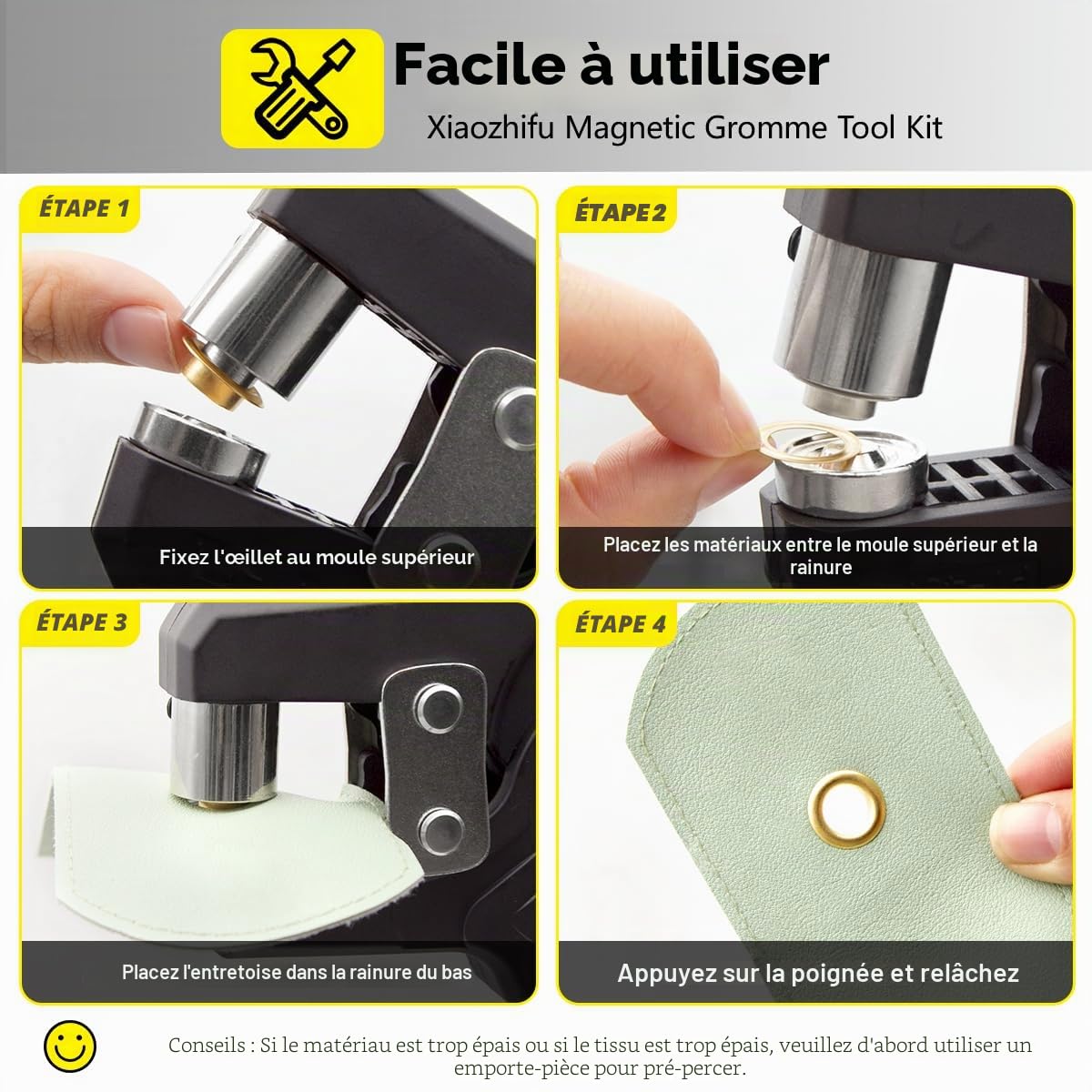 Lot de 500 pinces à œillets (diamètre 10 mm), presse à œillets magnétique en acier trempé, pince à œillets pour bâches, tissus, voiles d'ombrage et bricolage (gris)