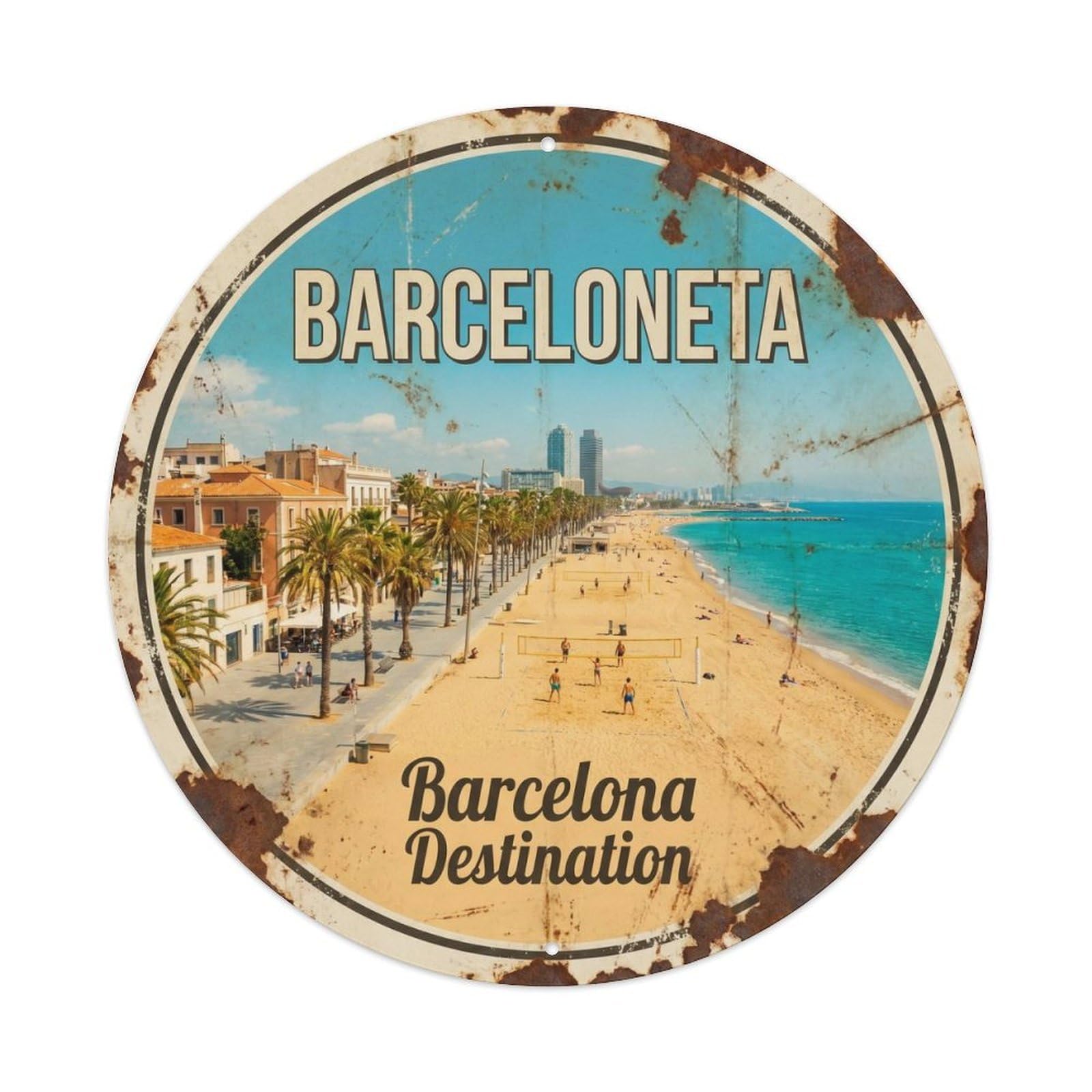 Barceloneta Spain Beach Destination Vintage Coastal Travel Metal Tin Sign Plaque Wall Decor for Cafe, Man Cave, Club Bar, Office, Home Garden Round Metal Poster 8x8Inch