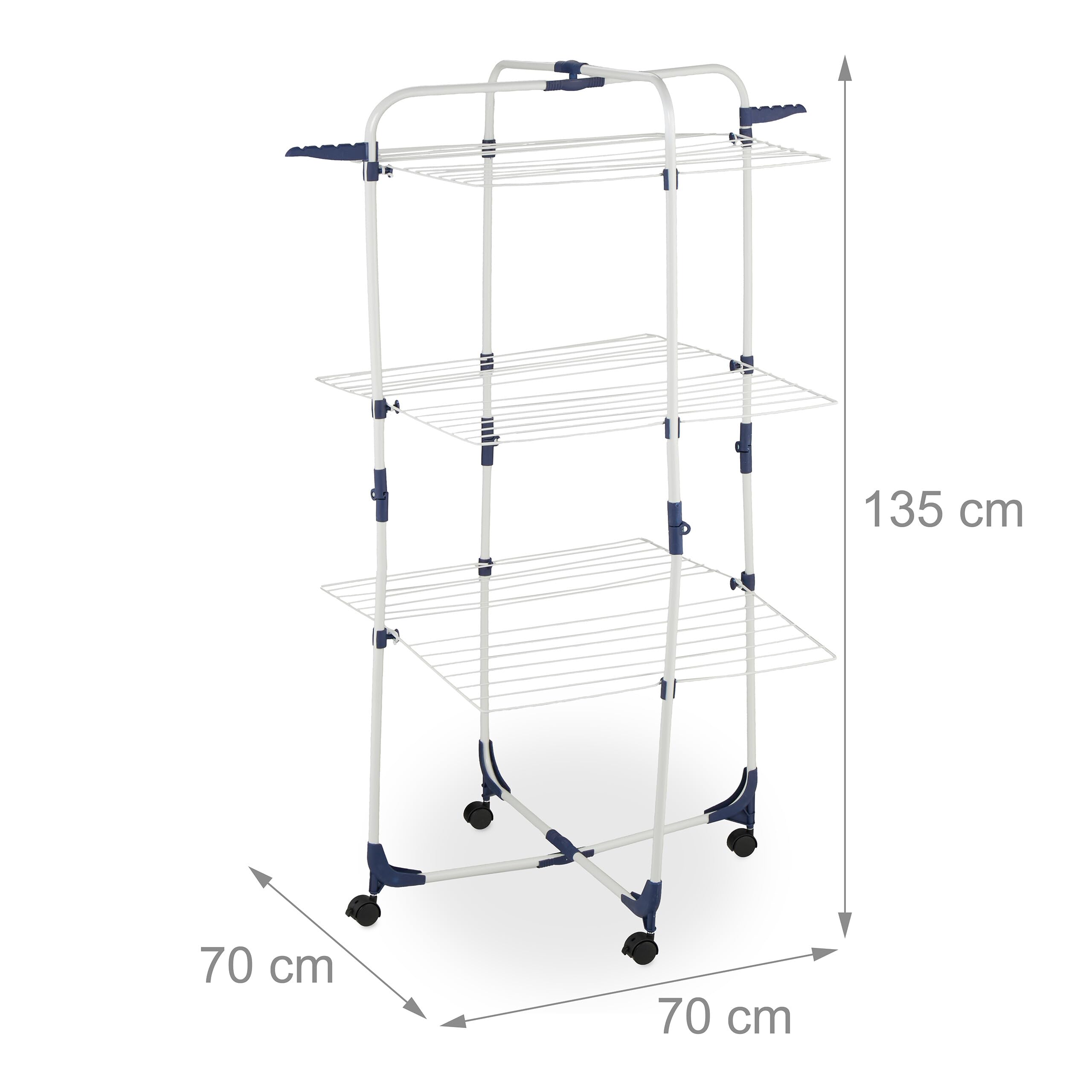 Relaxdays Tendedero Torre, Plegable, con Ruedas, 3 Niveles, 33 m de Secado, 135 x 70 x 70 cm, Tenderete, Blanco/Azul
