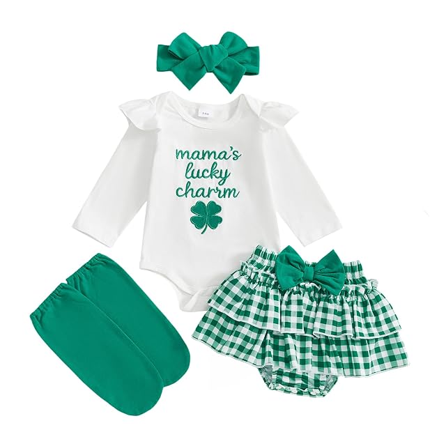 My First St Patricks Day Baby Girl Irish Outfits Clover Romper Ruffles Shorts Headband Socks 4Pcs Clothes Set