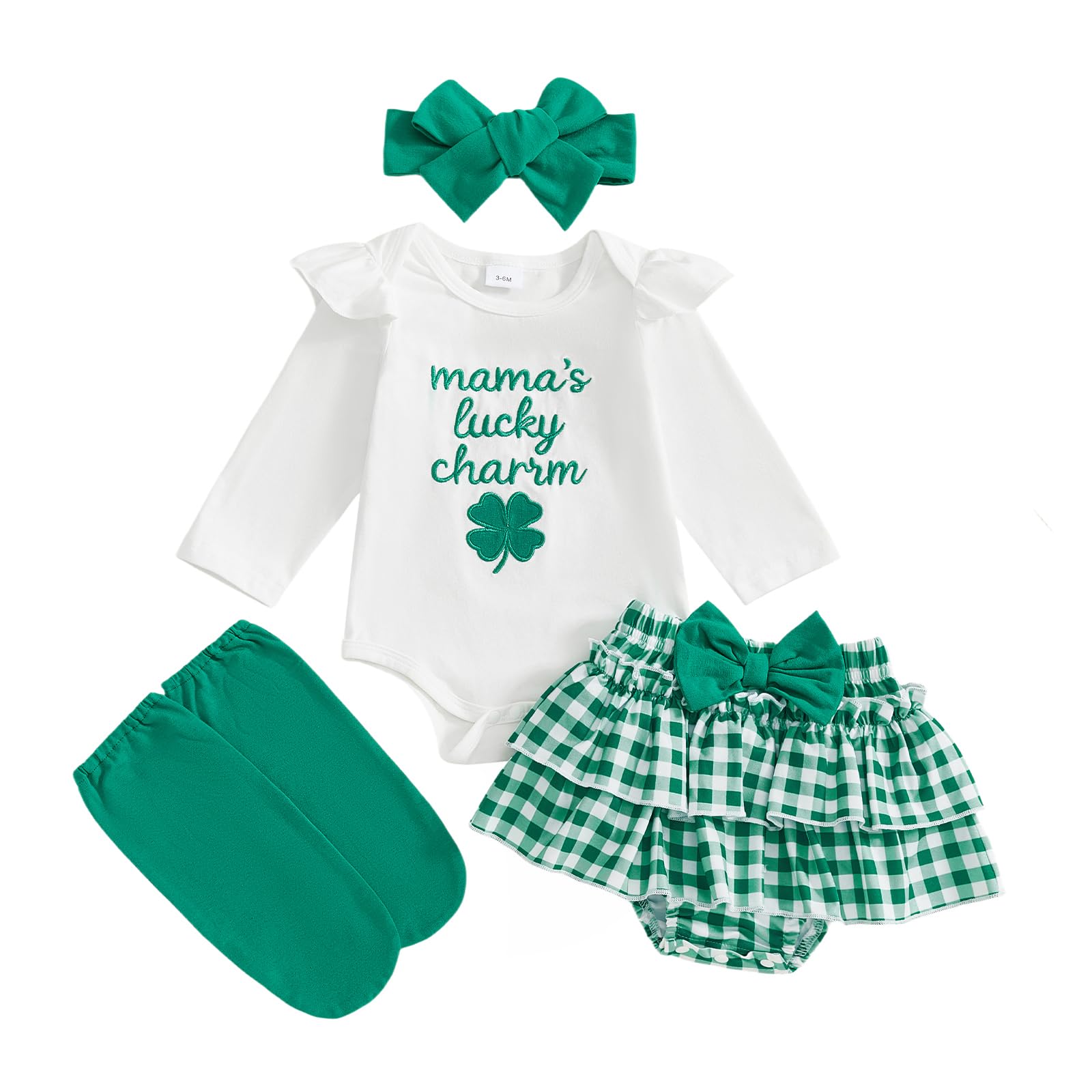 My First St Patricks Day Baby Girl Irish Outfits Clover Romper Ruffles Shorts Headband Socks 4Pcs Clothes Set