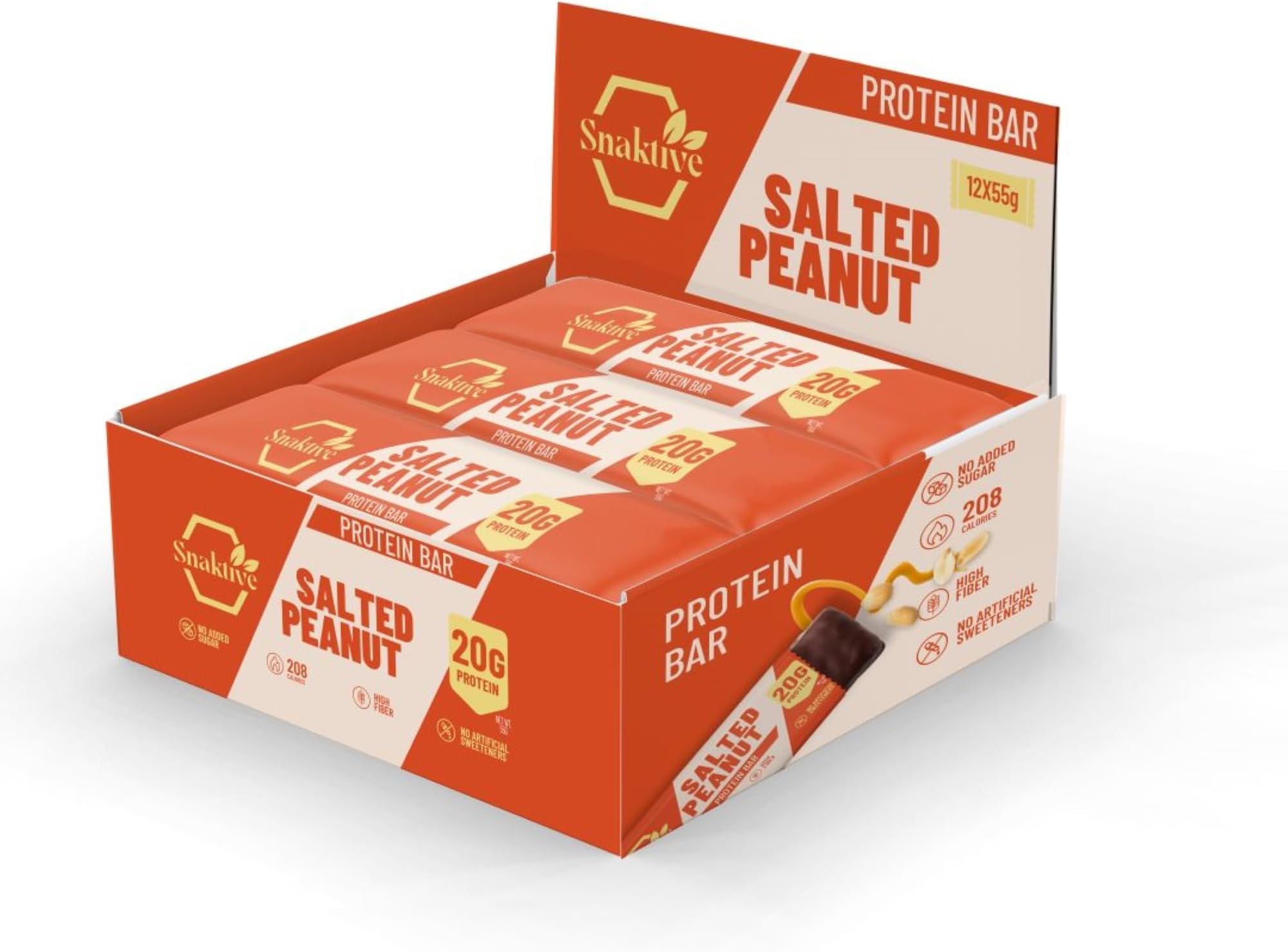 Salted Peanut Protein Bar, High Protein and High Fiber Natural Clean Bar, 12x55G Crunchy Bars, Pre & Probiotics