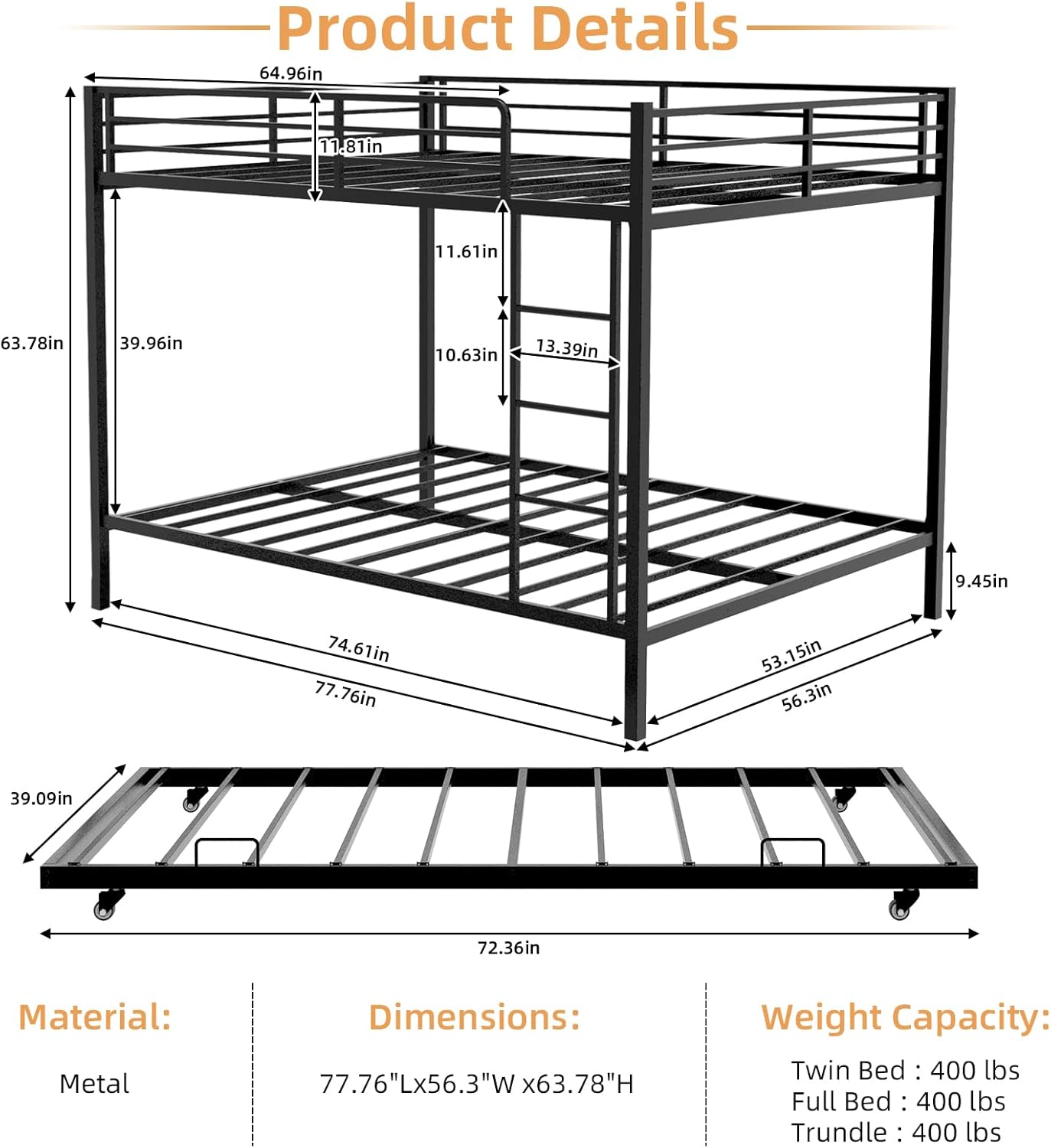 Bellemave Metal Bunk Bed with Trundle, Full Over Full Bunk Twin Trundle and Guardrail and Ladder for Kids/Teenagers, Adults, Black