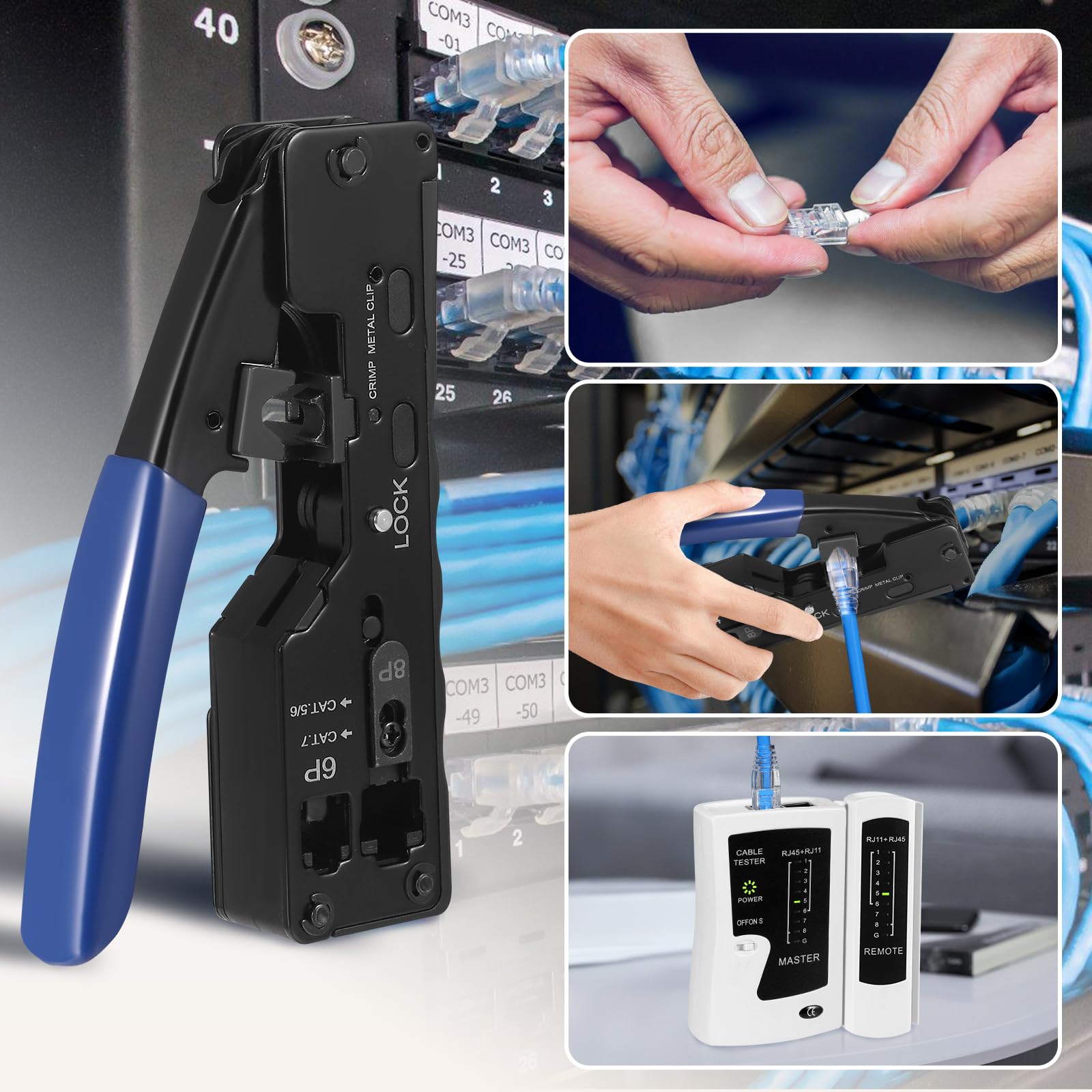 Kit d'outils à sertir RJ45, kit d'outils de sertissage Ethernet pour passer à travers les connecteurs RJ45 avec 50 connecteurs Cat 6, testeur de câble réseau et coupe-fil, kit d'outils de sertissage