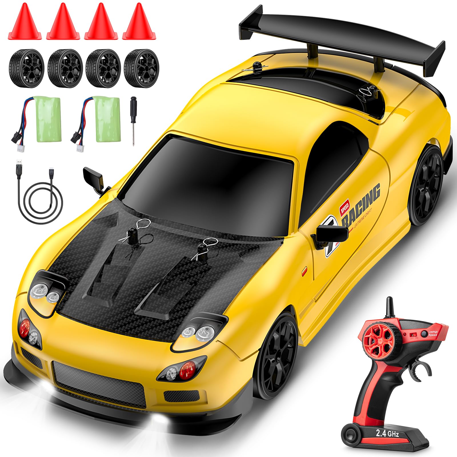 Coche teledirigido 1:14 RC Drift Car,2.4GHz 28km/H Coche de Deriva RC, 4WD Drift RC con Luces LED Regalo para Niños (Yellow)