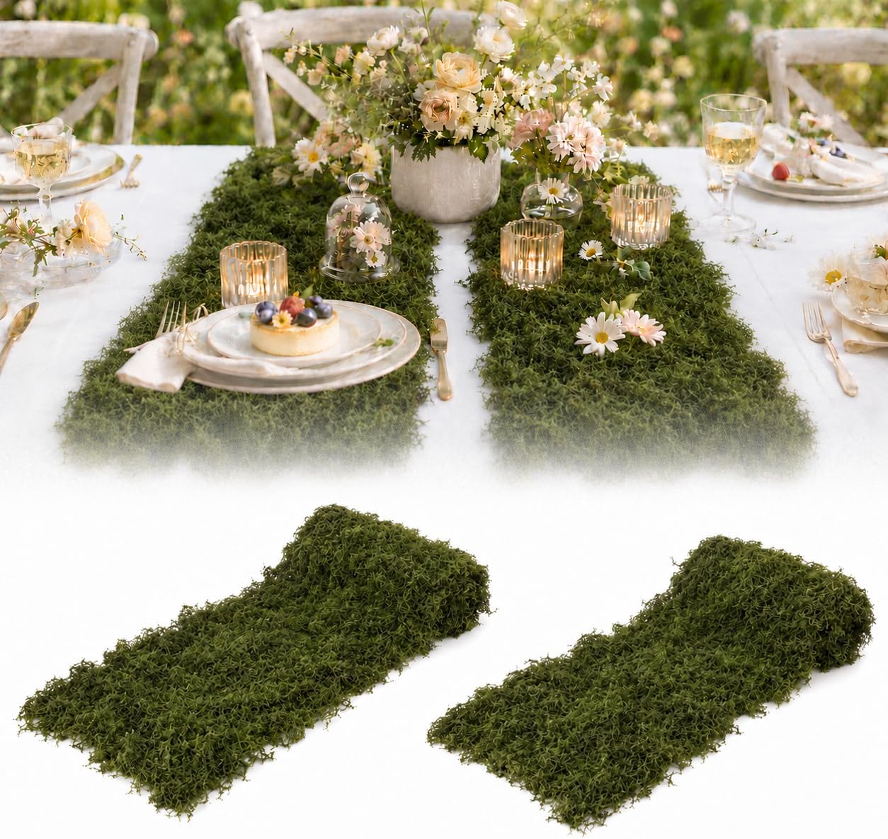 2 Pcs Fake Moss Table Runner, 12'' x 71'' Artificial Sheet Moss Decor Roll, Waterproof Faux Moss Blanket, Fake Green Grass Tablecloth for Crafts Garden Wall Wedding Birthday Party Decoration