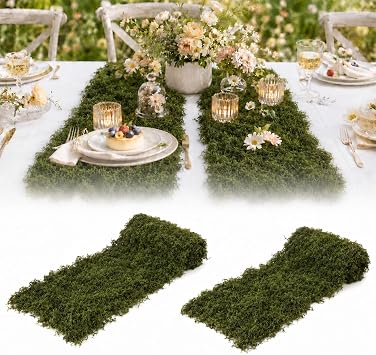 2 Pcs Fake Moss Table Runner, 12 x 71 Artificial Sheet Moss Decor Roll, Waterproof Faux Moss Blanket, Fake Green Grass Tablecloth for Crafts Garden Wall Wedding Birthday Party Decoration