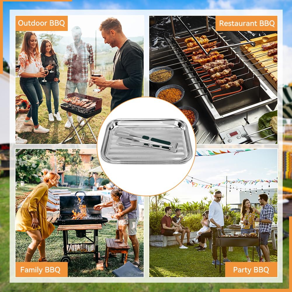 2 vassoi per barbecue in acciaio inox con fori, vassoio per barbecue con pinza, vassoi da forno per grigliare verdure, carne e pesce