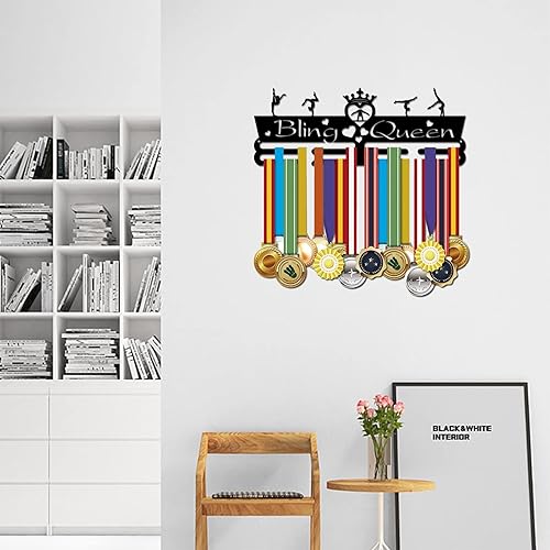 Miniatura 6 de SUPERDANT Soporte para medallas de gimnasia, exhibidor de medallas motivadoras con palabras brillantes, Queen, ganchos de hierro negro para montar