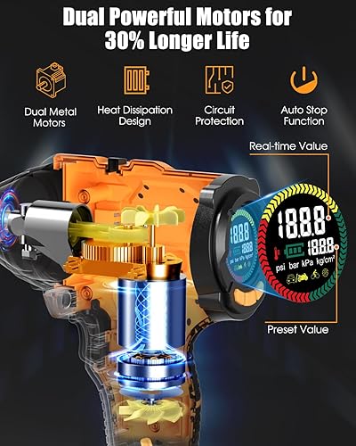 Miniatura 8 de AUTDER Inflador de neumáticos inalámbrico, compresor de aire portátil de 180 PSI con batería recargable de 21 V y adaptador de coche de 12 V CC,