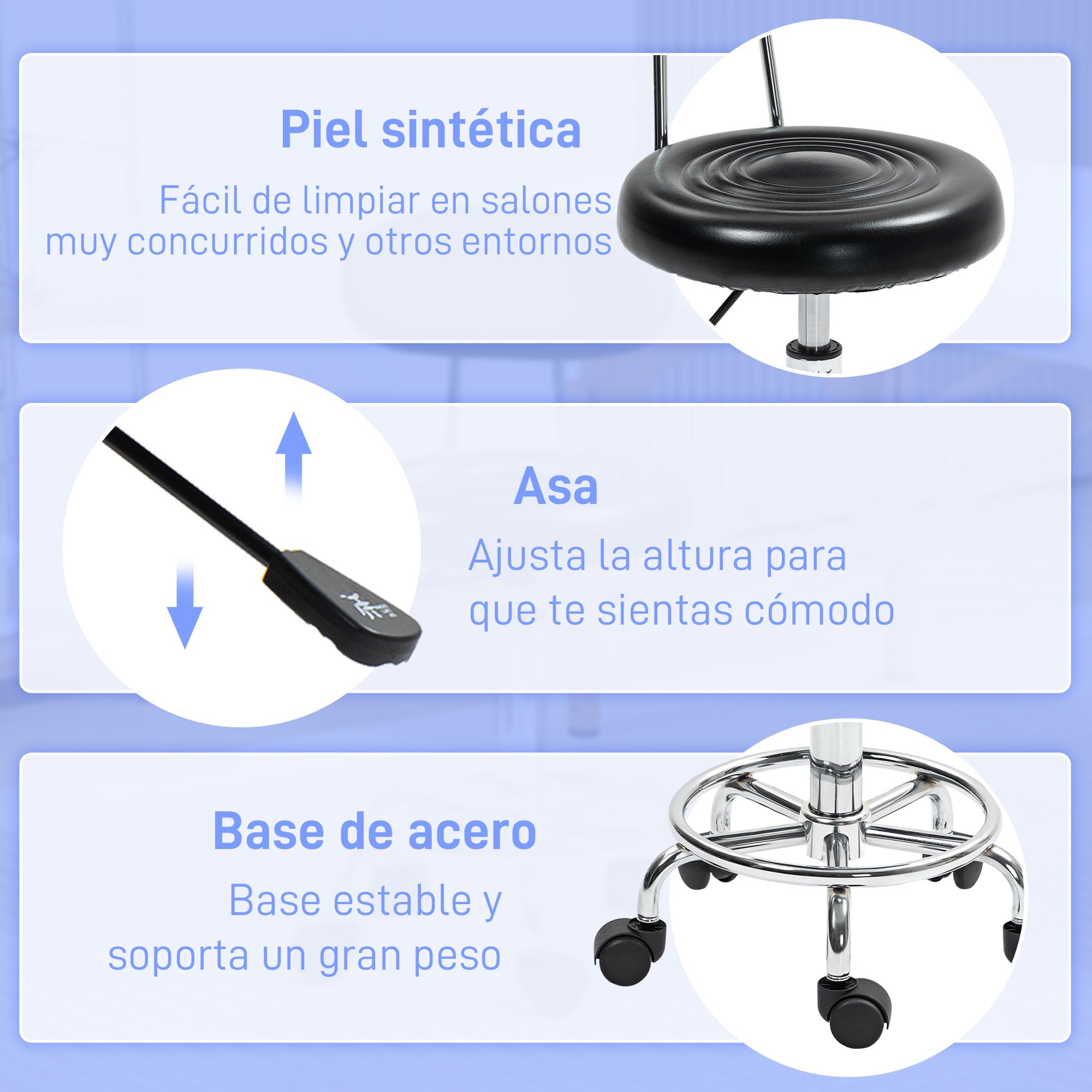 HOMCOM Taburete Giratorio con Ruedas y Respaldo Taburete de Trabajo con Altura Regulable 70-86 cm Asiento Tapizado de Cuero Sintético Negro