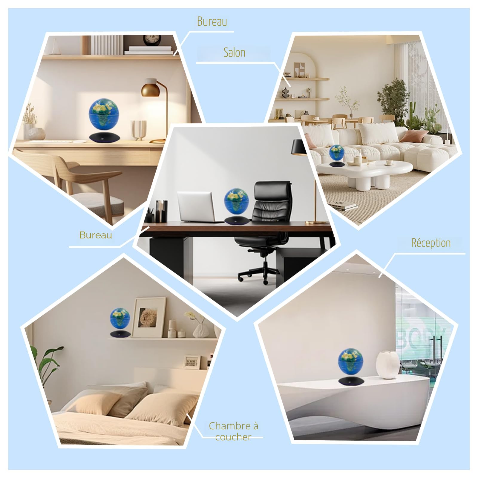Globe terrestre flottant lumineux avec 7 lumières de couleur, contrôle tactile et dégradé de lumière, champ de lévitation magnétique, carte du monde pour éducation et cadeau, décoration de