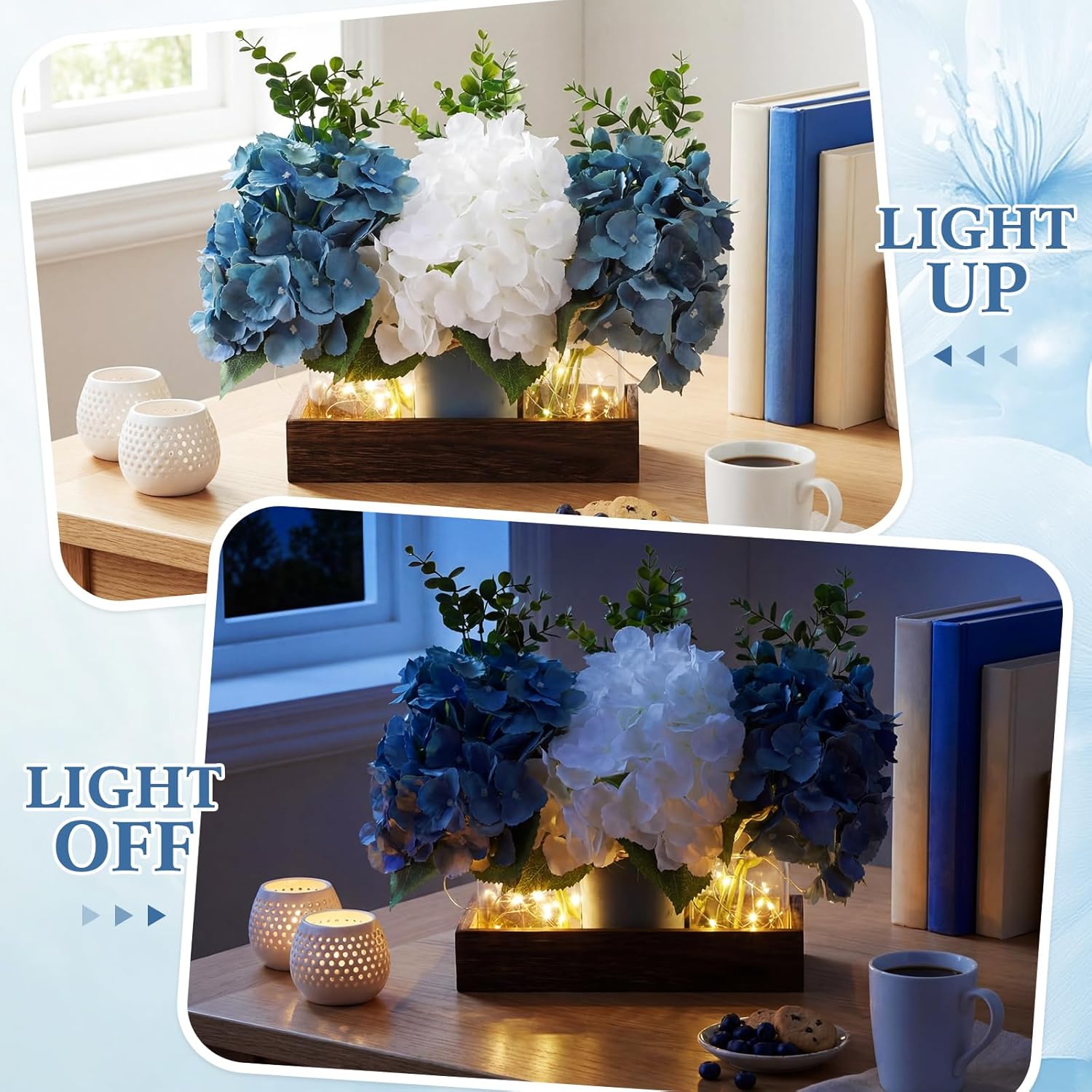 Suncalla 3 Pcs Hydrangea Centerpiece for Table Blue and White Artificial Hydrangea Flowers Mason Jar Table Decor with Eucalyptus Stems Wood Tray and LED Light for Spring Mothers Day Wedding Farmhouse