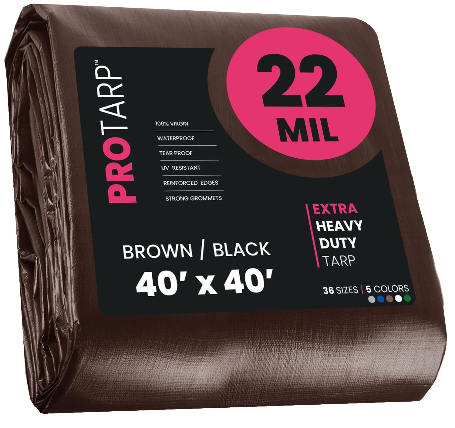 Extreme Heavy Duty 22 Mil Tarp Cover, Waterproof, UV Resistant, Rip and Tear Proof, Poly Tarpaulin with Reinforced Edges for Roof, Camping, Patio, Pool, Boat. (Brown/Black 40′ X 40′)