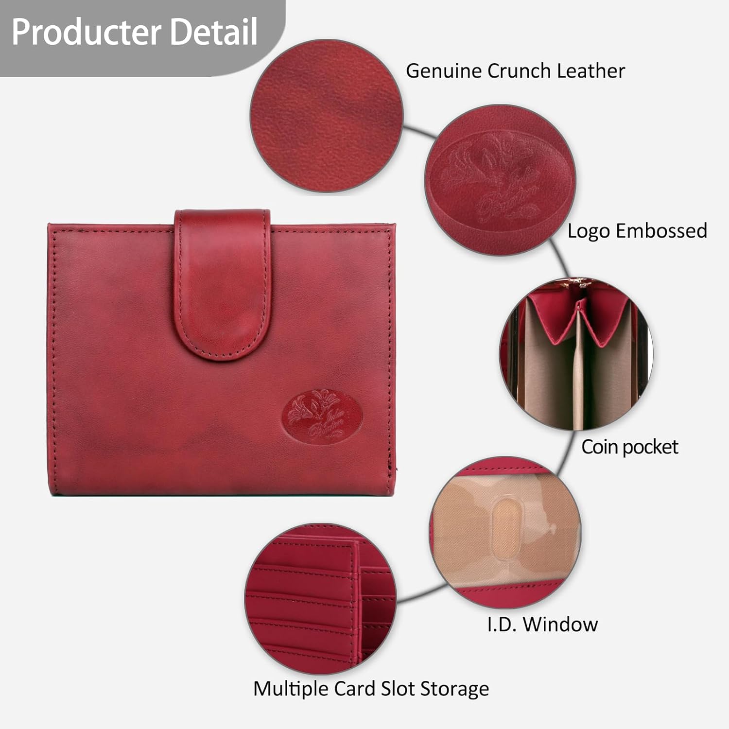 Julia Buxton Heiress Leather Wallet, Double Cardex™, Large Capacity Snap Closure Trifold Purse Organizer, Red