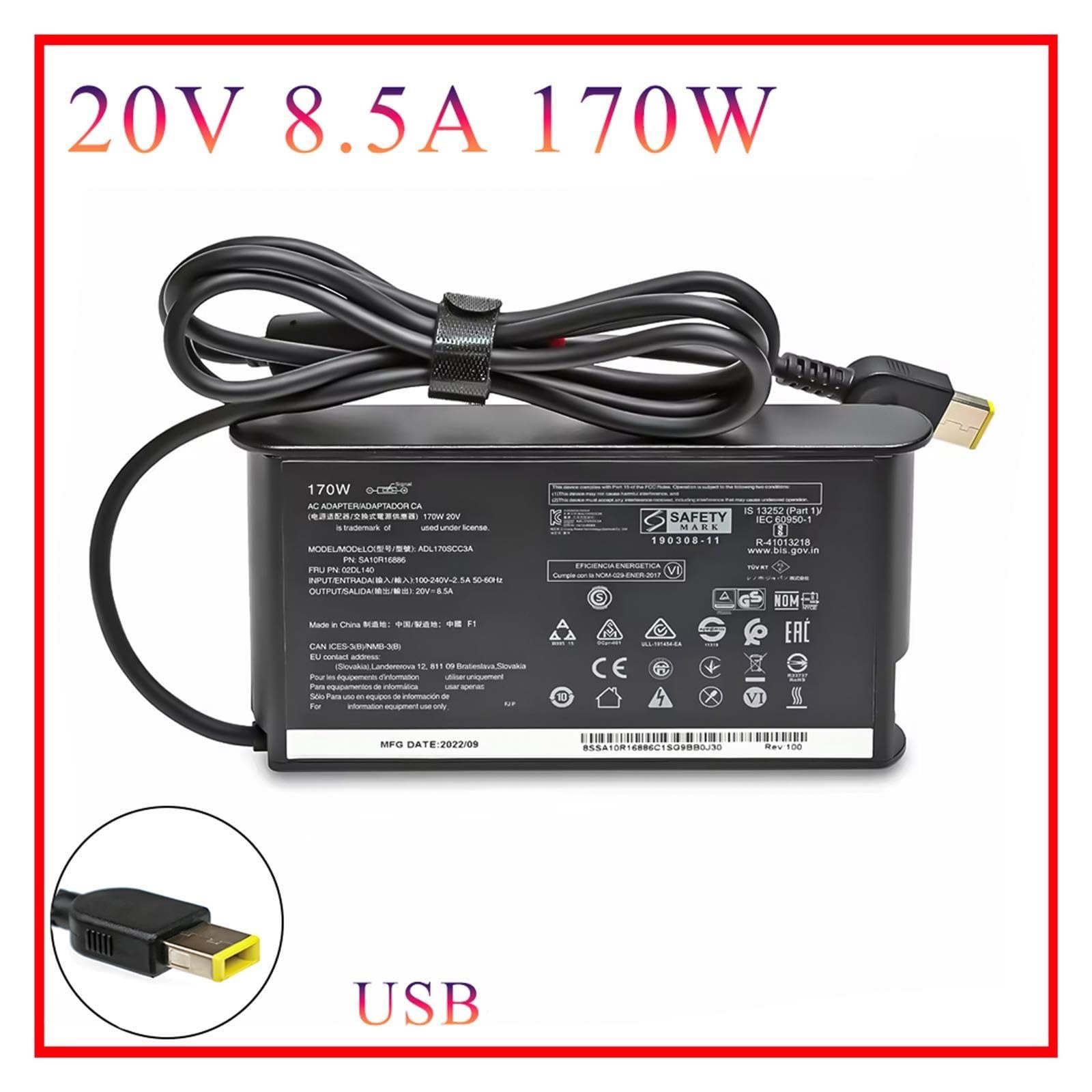 Cargador Adaptador De Corriente USB De 170W, 20V, 8,5A, Compatible con Lenovo, Compatible con Thinkpad, P1 P50 P51 P52 P53 P70 P73 W540 W541 T540P Yoga 15 45N0487(and EU Plug)