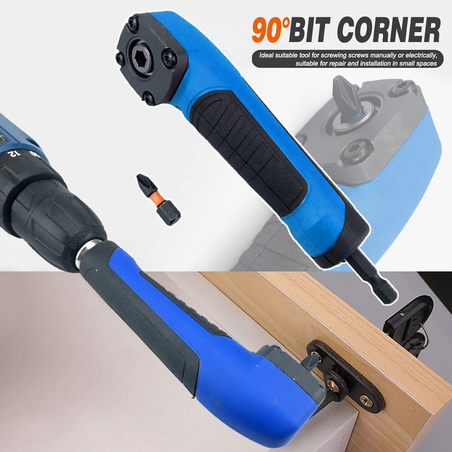 Right Angle Drill Adapter Set, Hex Interface Electric Screwdriver Corner Attachment with Magnetic Bit Set, 6.35mm Standard Size for Most Electric Tools, Ergonomic ABS Handle for Co (Blue)