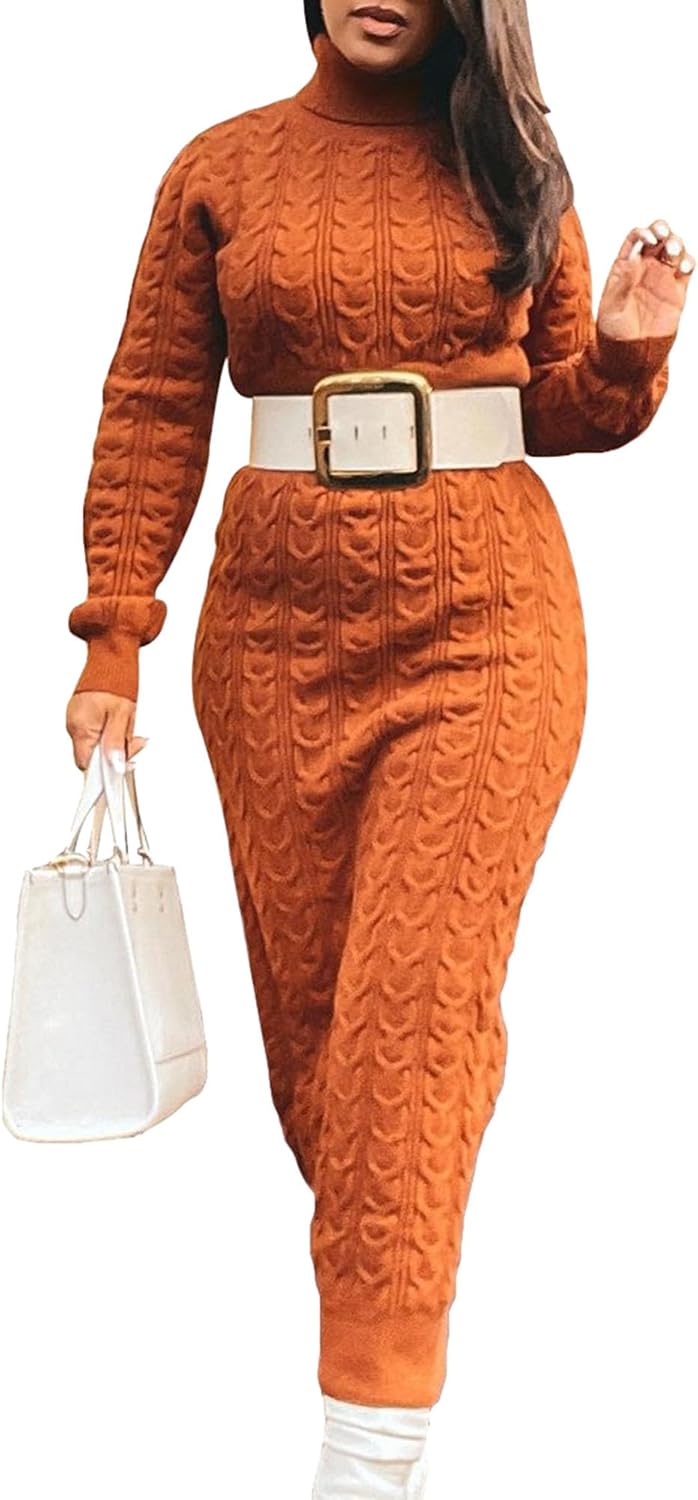Womens Cable Knit Sweater Dress High Neck Long Sleeve Bodycon Pullover Dress Oversized Mini Fall Sweaters Dresses