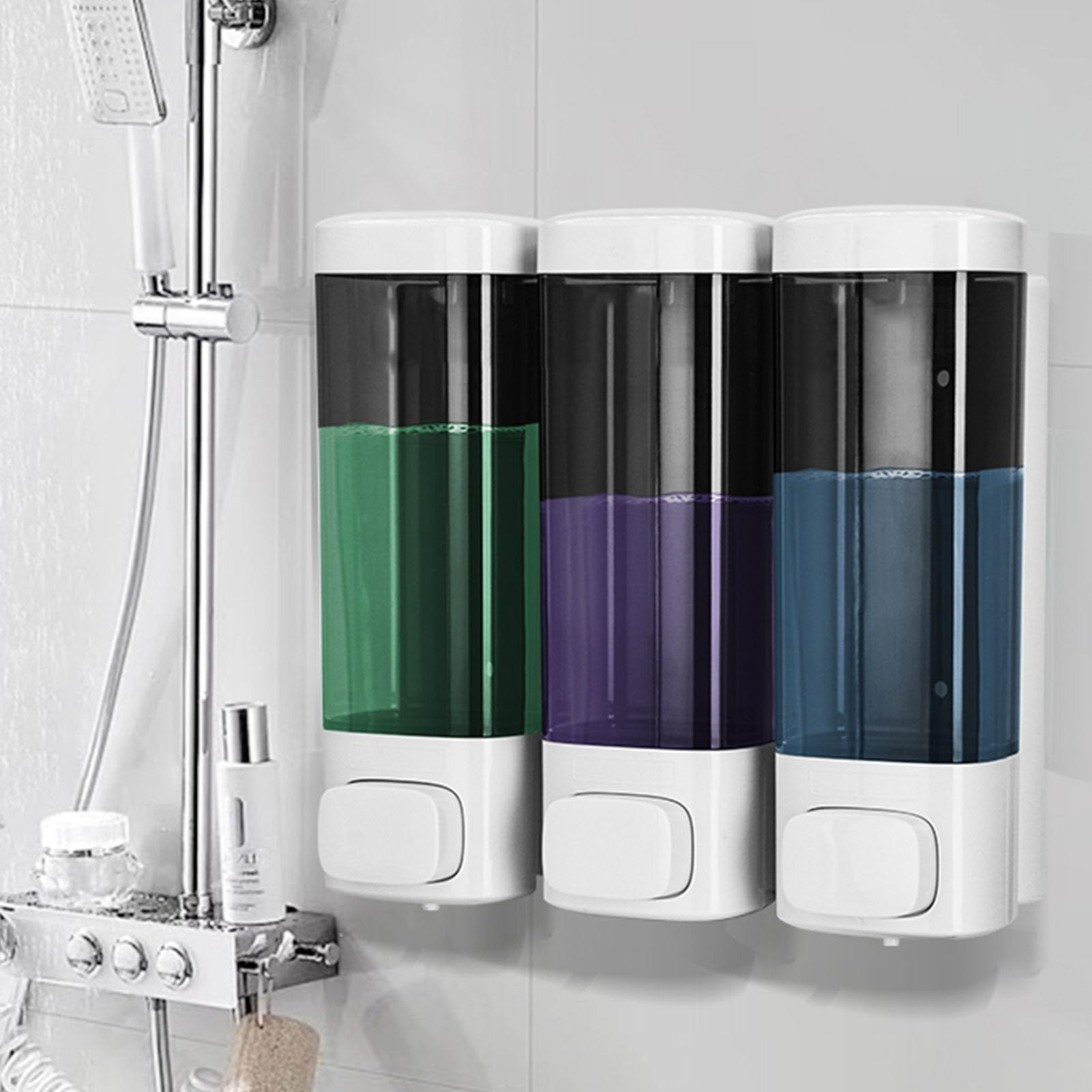 Dispensador de jabón para Ducha, Manual de Montaje en Pared de 3 cámaras a Prueba de Fugas para baño y Cocina