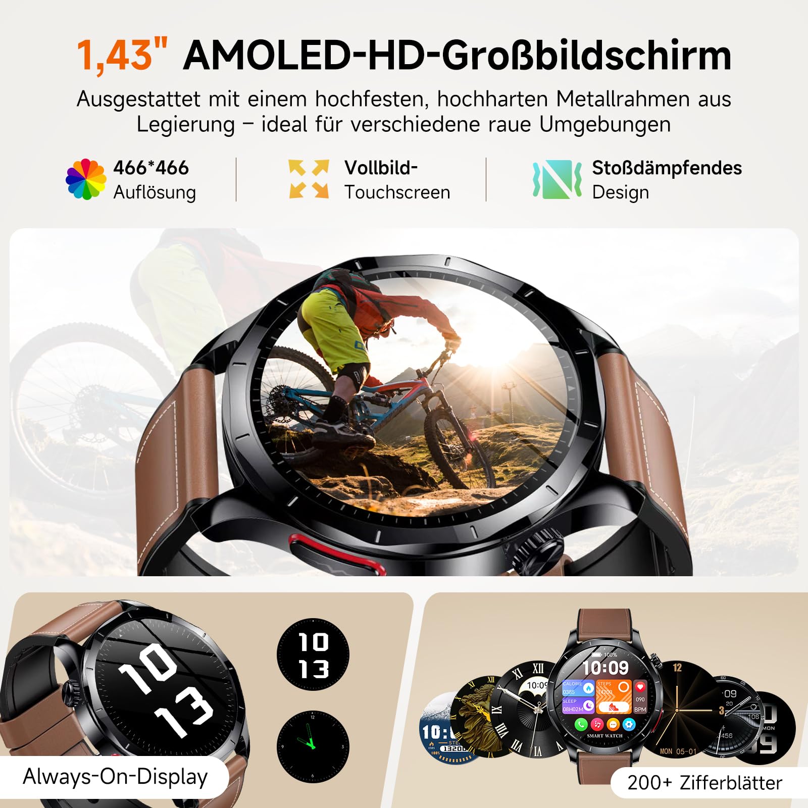 2026 Neu Smartwatch Herren mit EKG/HRV/BMI/Blutdruckmessung/Harnsäure, 1,43" AMOLED Gesundheitsuhr mit 24H Blutdruck SpO2 Herzfrequenz Schlafmonitor SOS-Notruf Fitnessuhr Android/iOS