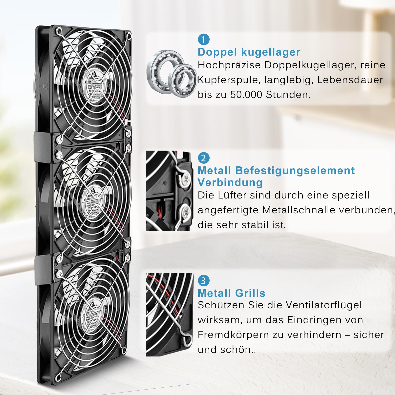 Lot de 3 ventilateurs de 120 mm, CA 220 et 240 V, avec contrôle de vitesse jusqu’à 12 V, double roulement à billes, pour station de travail, cabinet, châssis, serveur