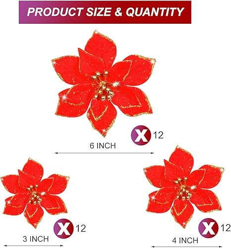 Miniatura 99 de 36 piezas de 3 tamaños de flores artificiales de Navidad con purpurina de Navidad para decoración de árbol de Navidad, Año Nuevo, decoración